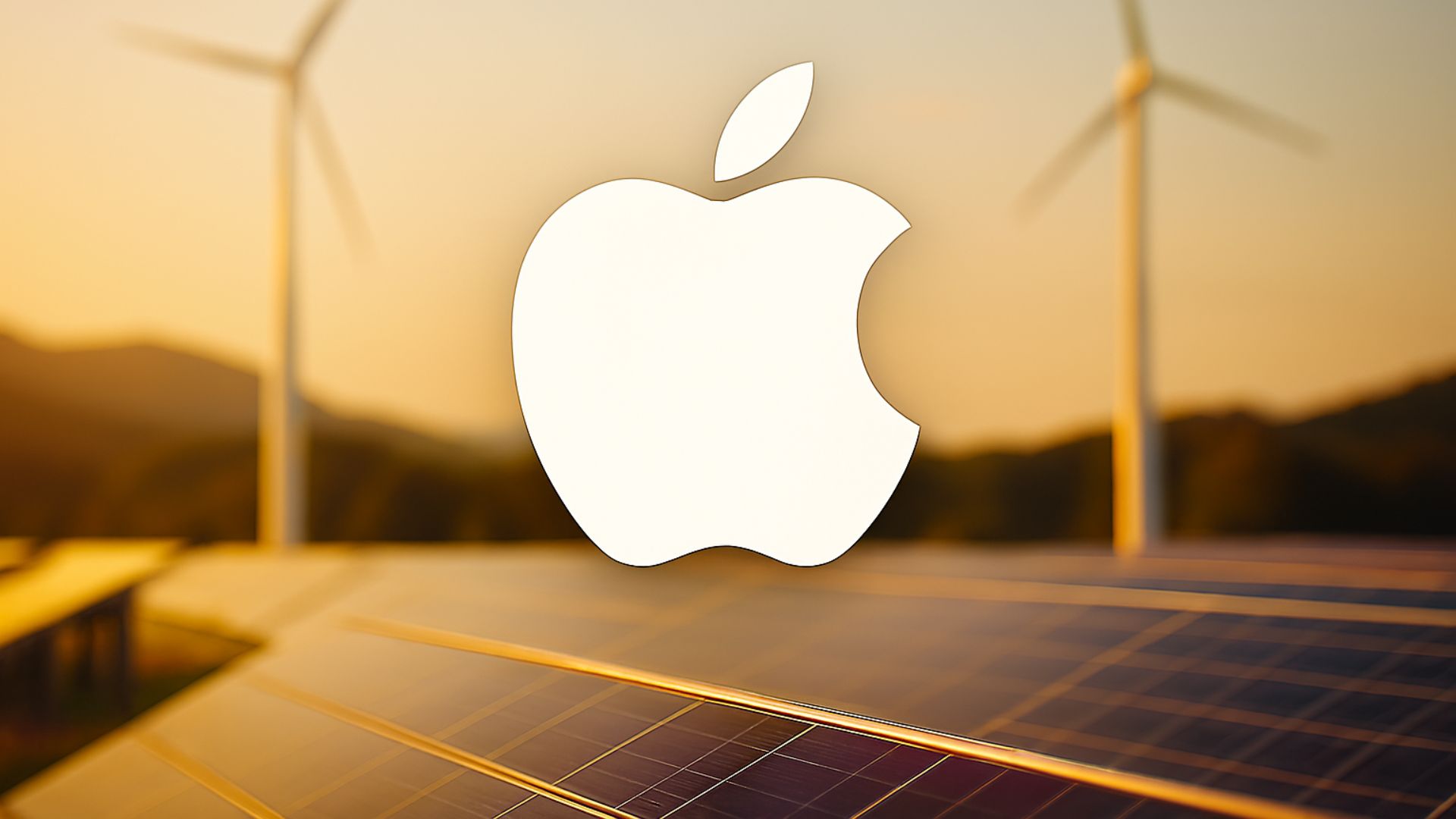 Painéis solares e turbinas eólicas em paisagem natural ao entardecer, com o logotipo da Apple centralizado e em destaque