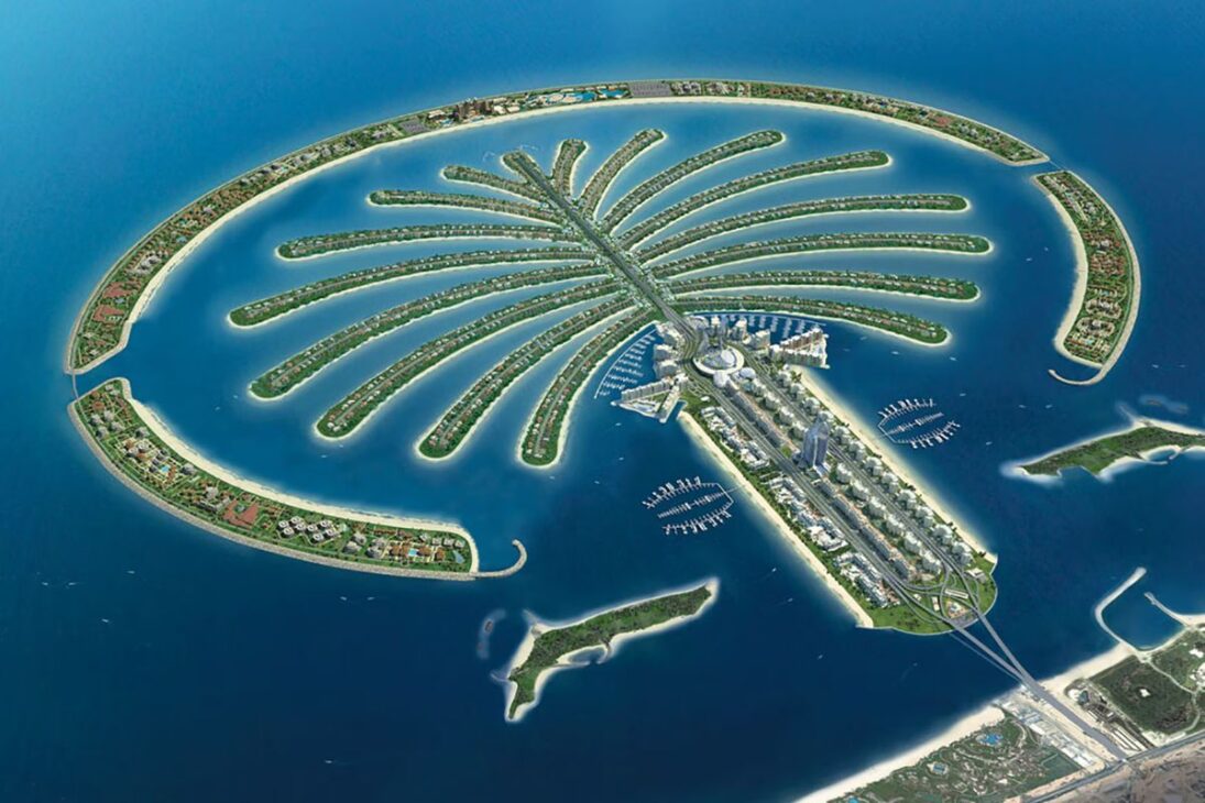 Una isla artificial de U$12 bilhões em forma de palmeira, construída com 85 milhões de m³ de areia dragada, que adicionou 56 km à costa de Dubai