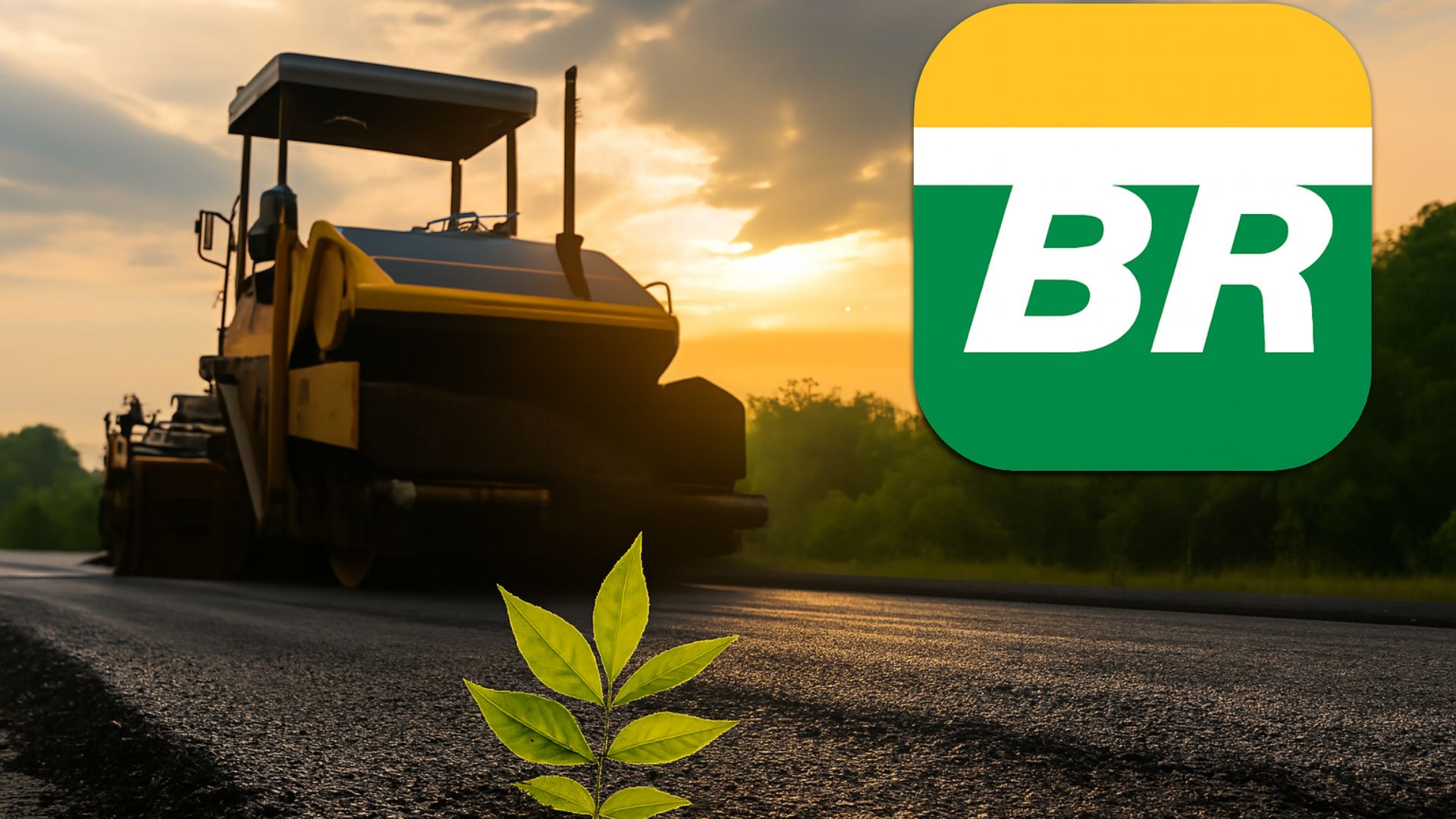 Máquina de pavimentação aplicando asfalto em uma estrada ao entardecer, com planta verde em destaque simbolizando sustentabilidade e logo da Petrobras ao lado.