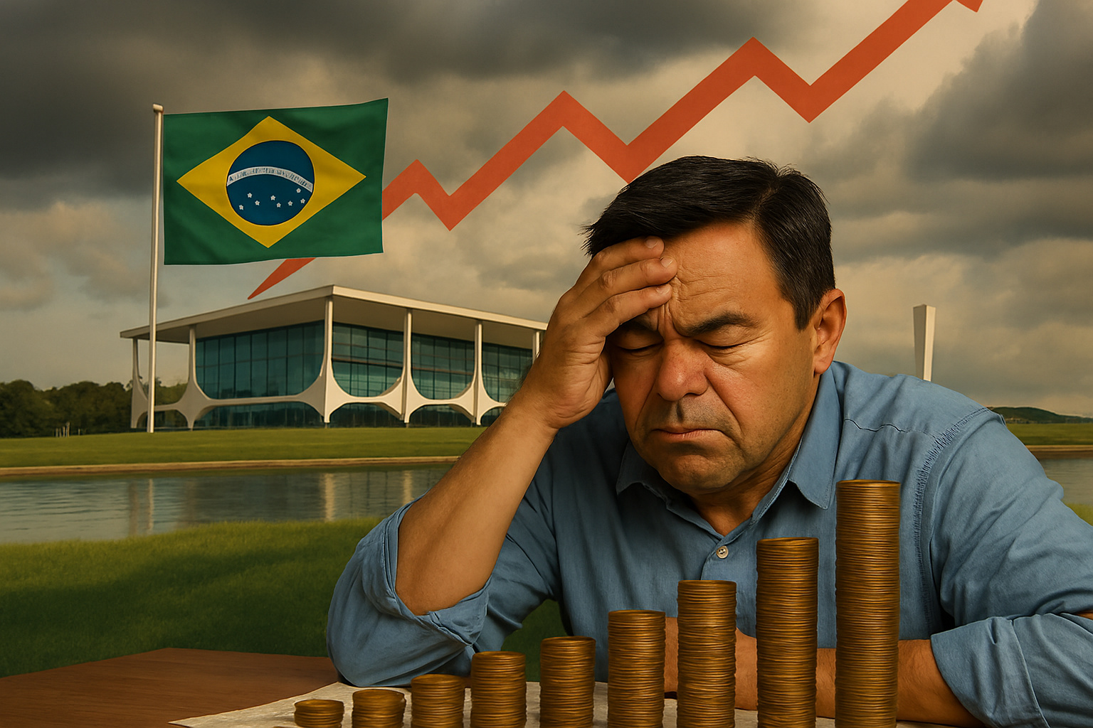 Homem preocupado observa pilhas de moedas em frente ao Palácio do Planalto com bandeira do Brasil e gráfico de alta simbolizando aumento da carga tributária.
