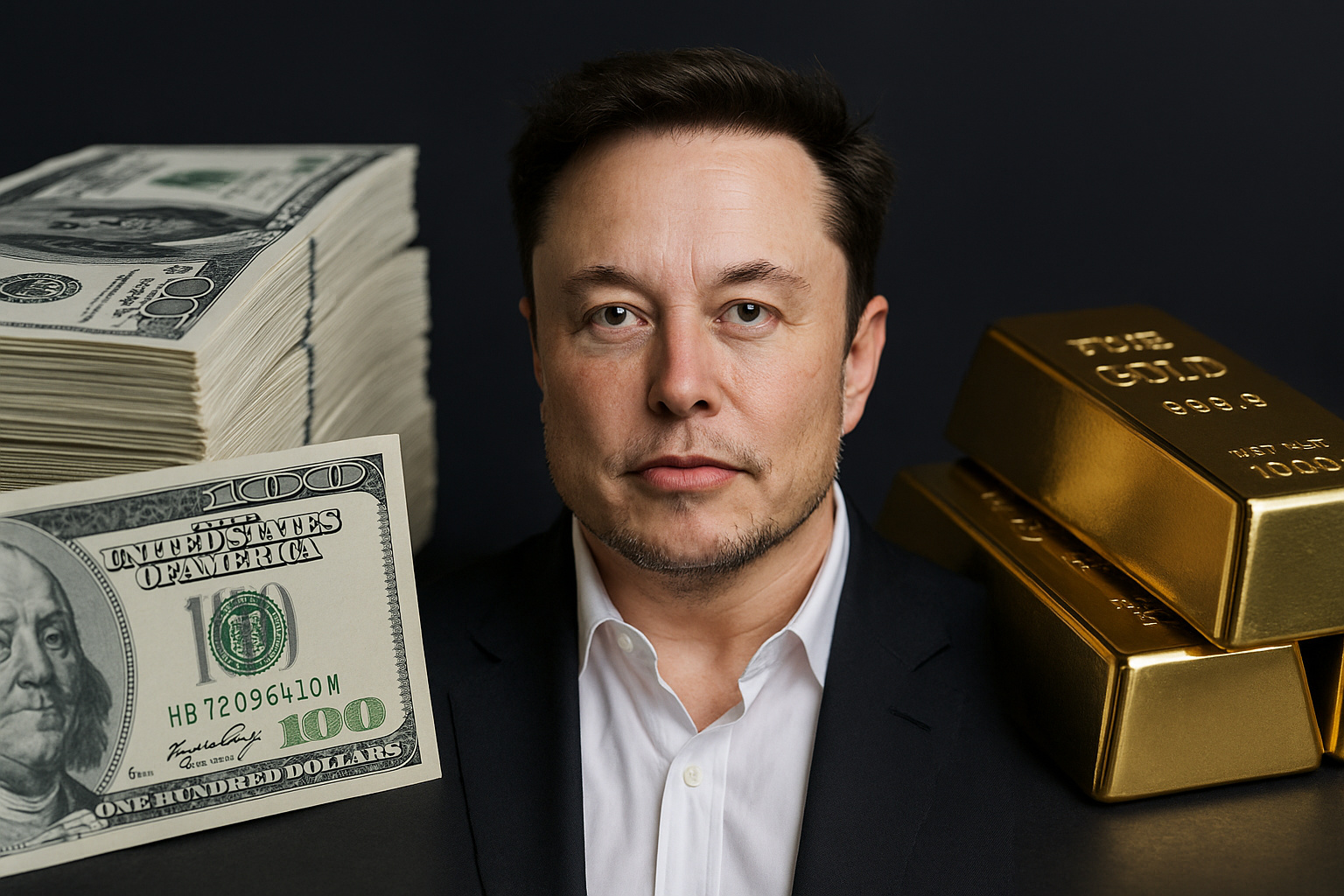 Pilhas de dólares e barras de ouro representam a comparação entre a fortuna de Elon Musk e as reservas internacionais do Brasil.
