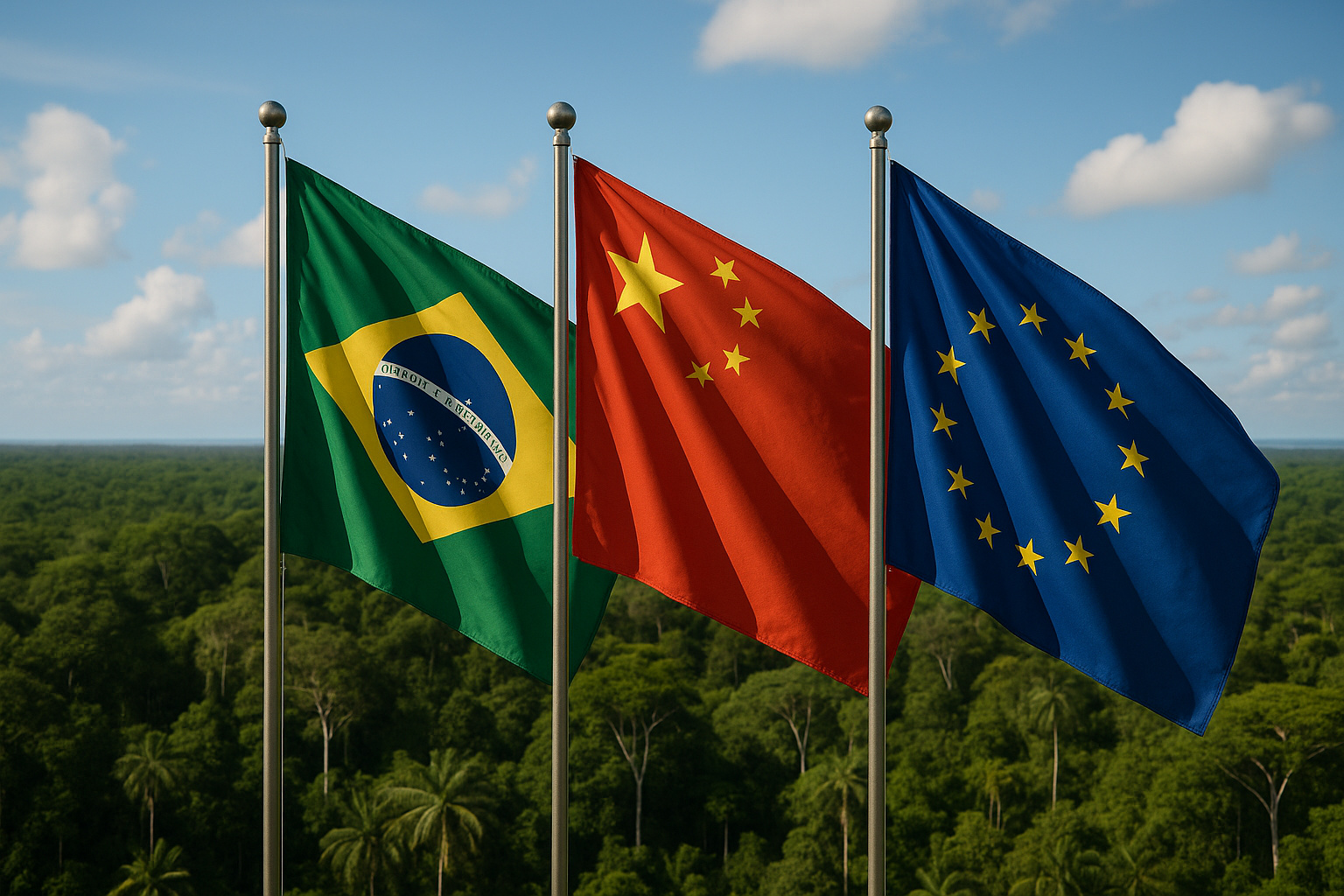 Bandeiras do Brasil, China e União Europeia simbolizando cooperação global para criação de mercado internacional de carbono e sustentabilidade ambiental.