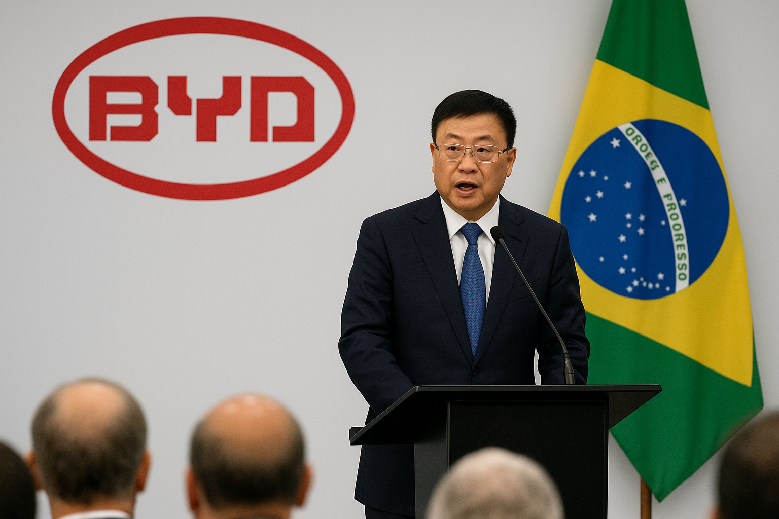 Fábrica da BYD em Camaçari, Bahia, durante cerimônia de inauguração com autoridades e veículos elétricos expostos em ambiente industrial moderno.