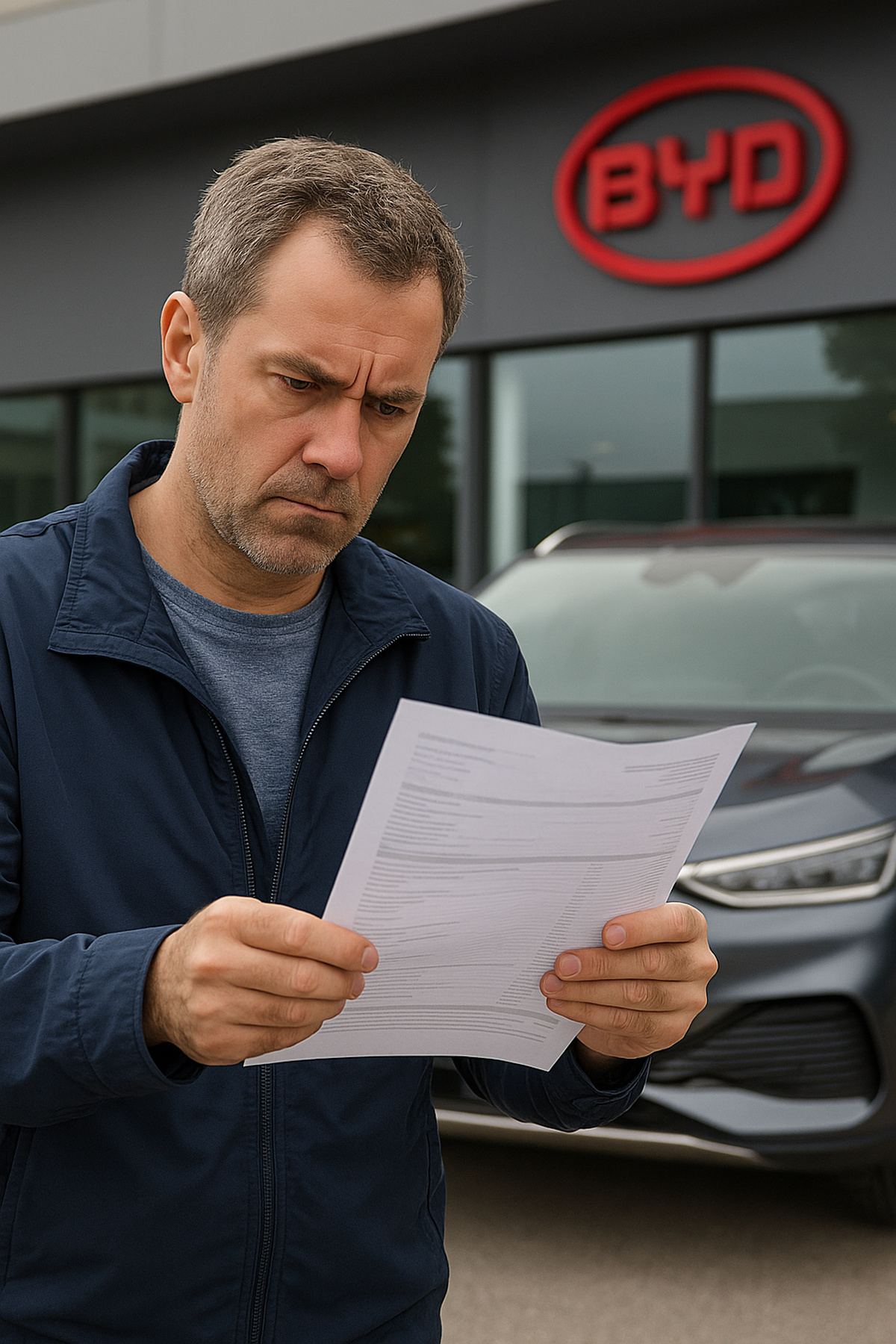 Homem observa atentamente orçamento em frente a concessionária da BYD, simbolizando as reclamações sobre revisões com valores acima da tabela oficial no Brasil.