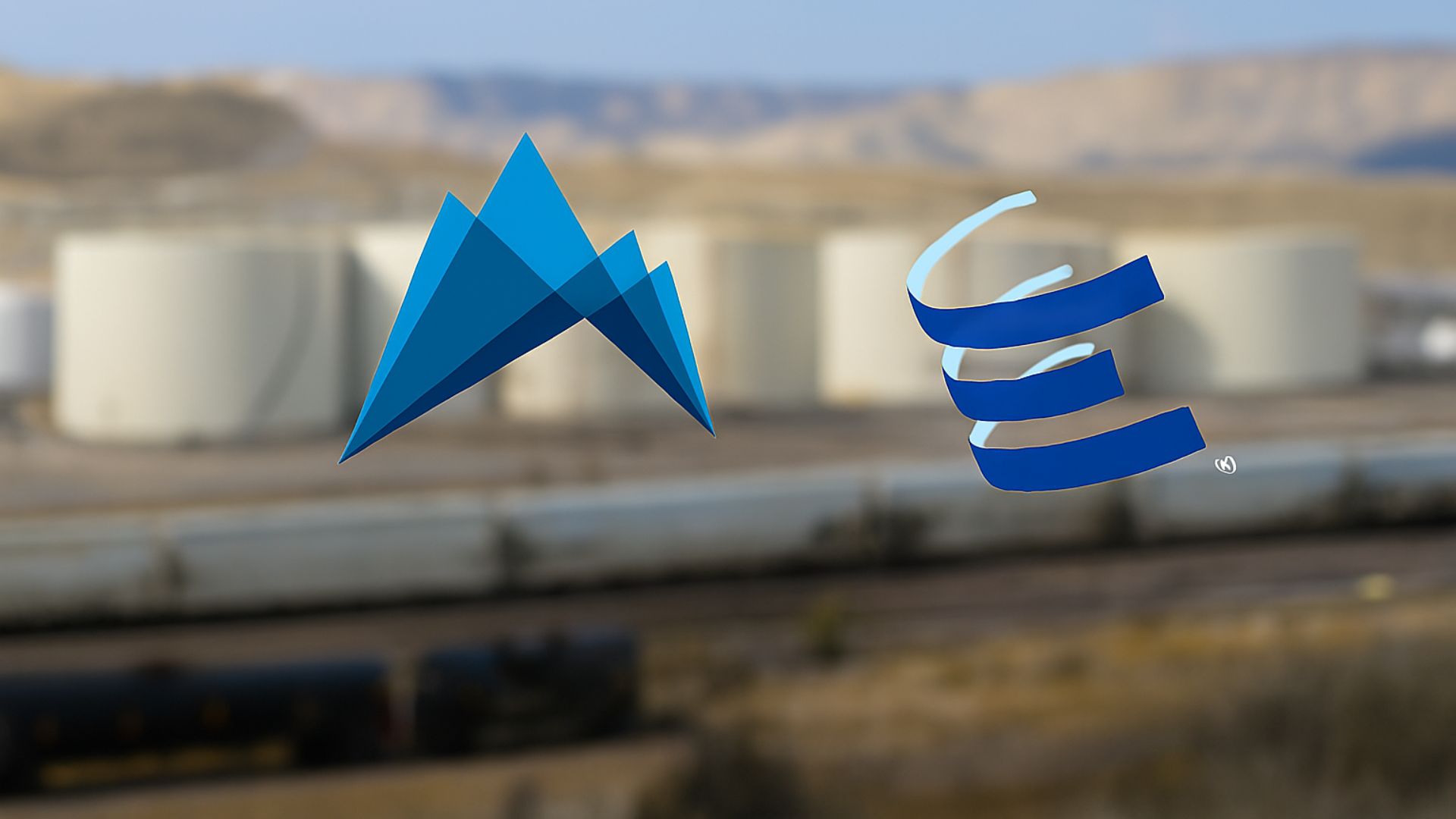 Logotipos da FourPoint Resources e Energy Transfer centralizados sobre um terminal de petróleo em Utah, com tanques de armazenamento e trilhos ferroviários ao fundo em foco suave.
