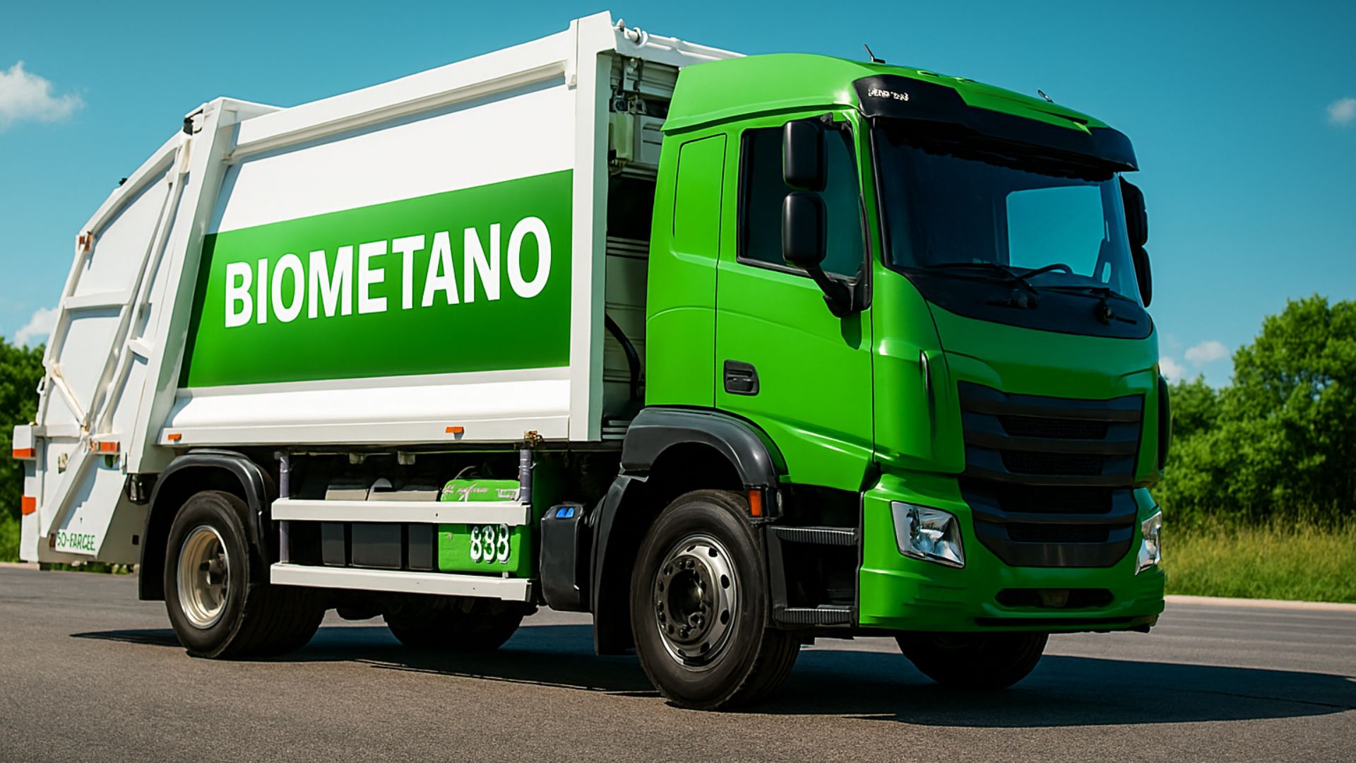 Caminhão de coleta de lixo moderno movido a biometano estacionado em via urbana, com fundo de céu azul e vegetação.