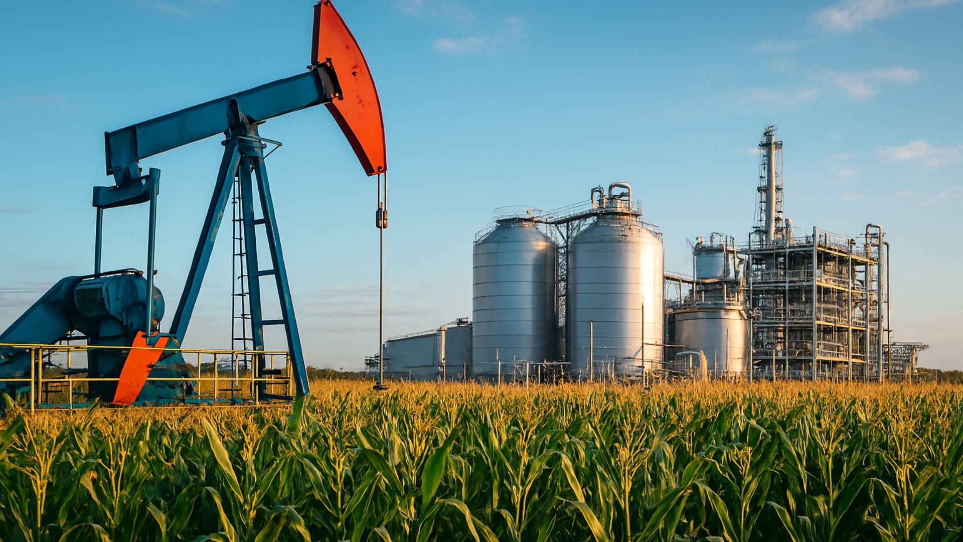 Campo de milho com bomba de petróleo e biorefinaria ao fundo sob céu azul claro