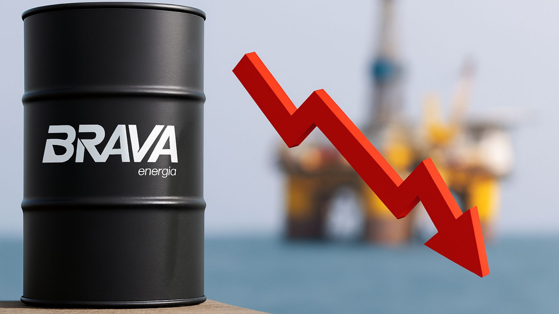 Barril de petróleo com logotipo da Brava Energia em primeiro plano, plataforma de petróleo desfocada ao fundo e seta vermelha 3D apontando para baixo.