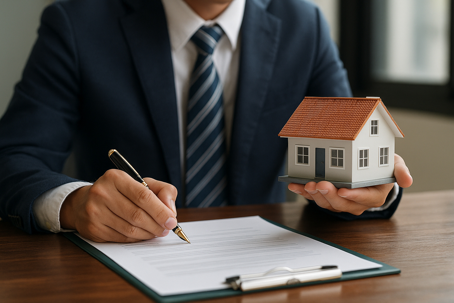 Gerente segura miniatura de casa enquanto assina contrato de financiamento imobiliário da Caixa Econômica Federal.