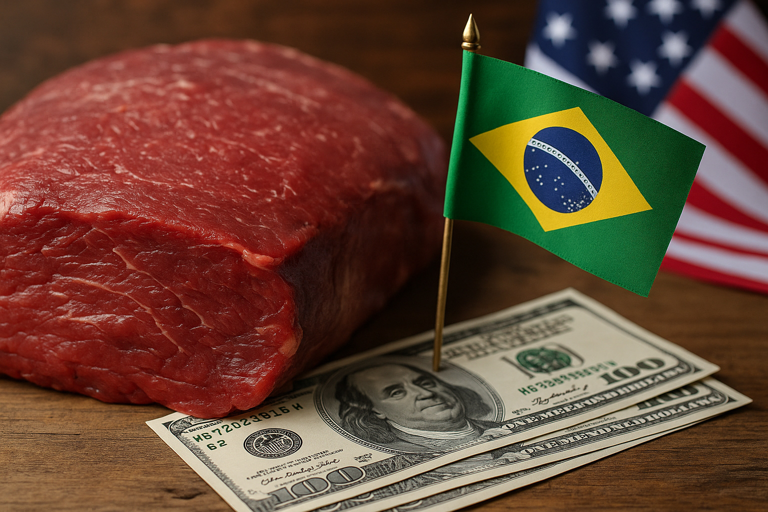 Carne bovina brasileira com bandeira do Brasil e notas de dólar ao lado, simbolizando exportações e comércio entre Brasil e Estados Unidos.