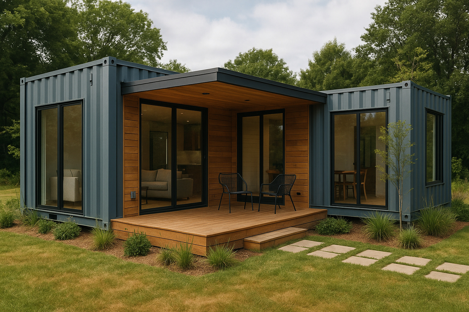 Casa contêiner moderna e sustentável no Brasil, com painéis solares, varanda de madeira e paisagismo tropical em cenário de fim de tarde.