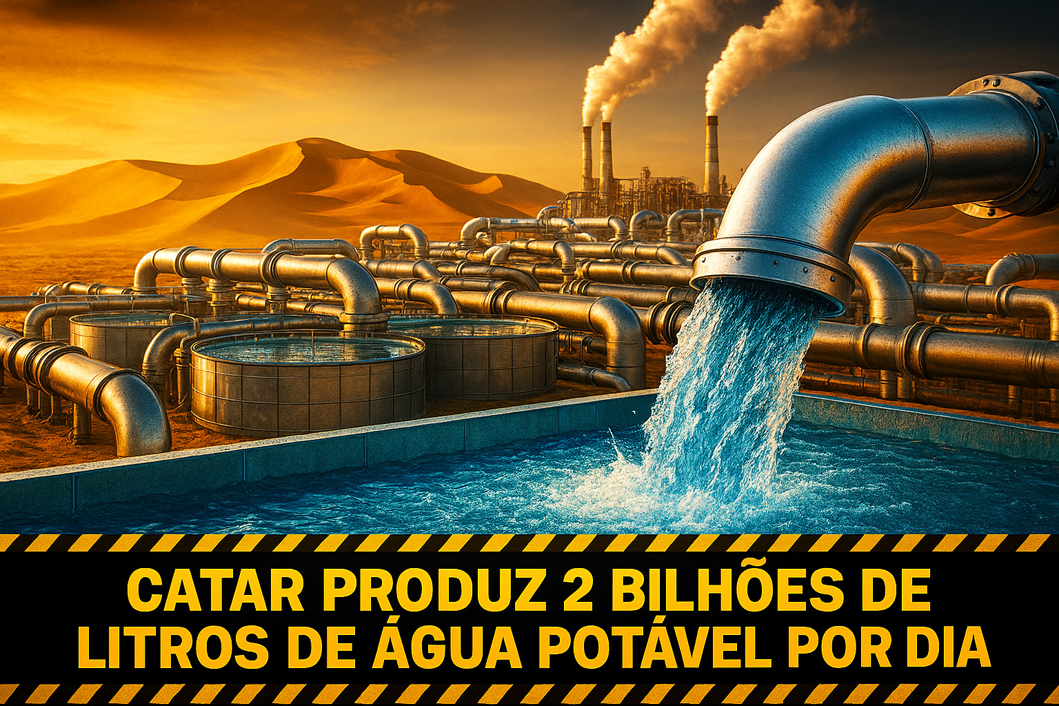 No deserto do Catar, usinas de dessalinização movidas a gás natural produzem mais de 2 bilhões de litros de água potável por dia e sustentam 100% da população