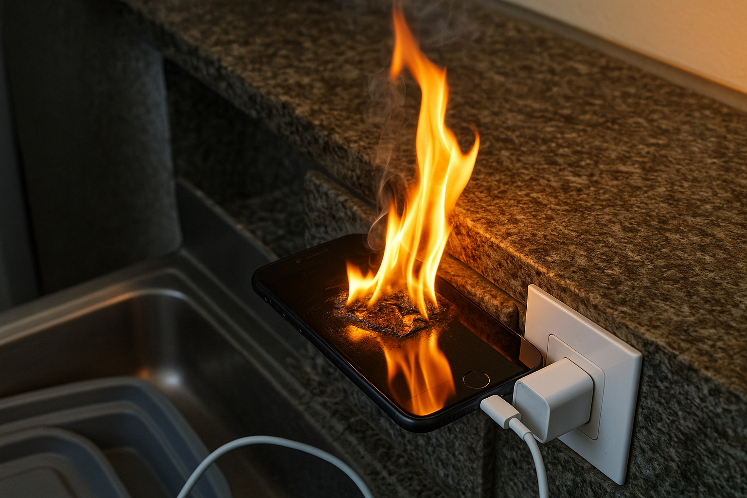 Celular pegando fogo durante o carregamento em cozinha, representando risco de incêndio causado por uso incorreto de carregador.