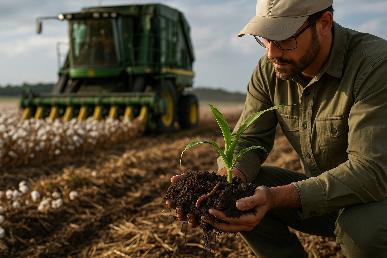 Solo fértil no Cerrado com colheitadeira moderna e cultivo regenerativo de algodão e milho, representando o agronegócio sustentável e o uso de microrganismos no solo.