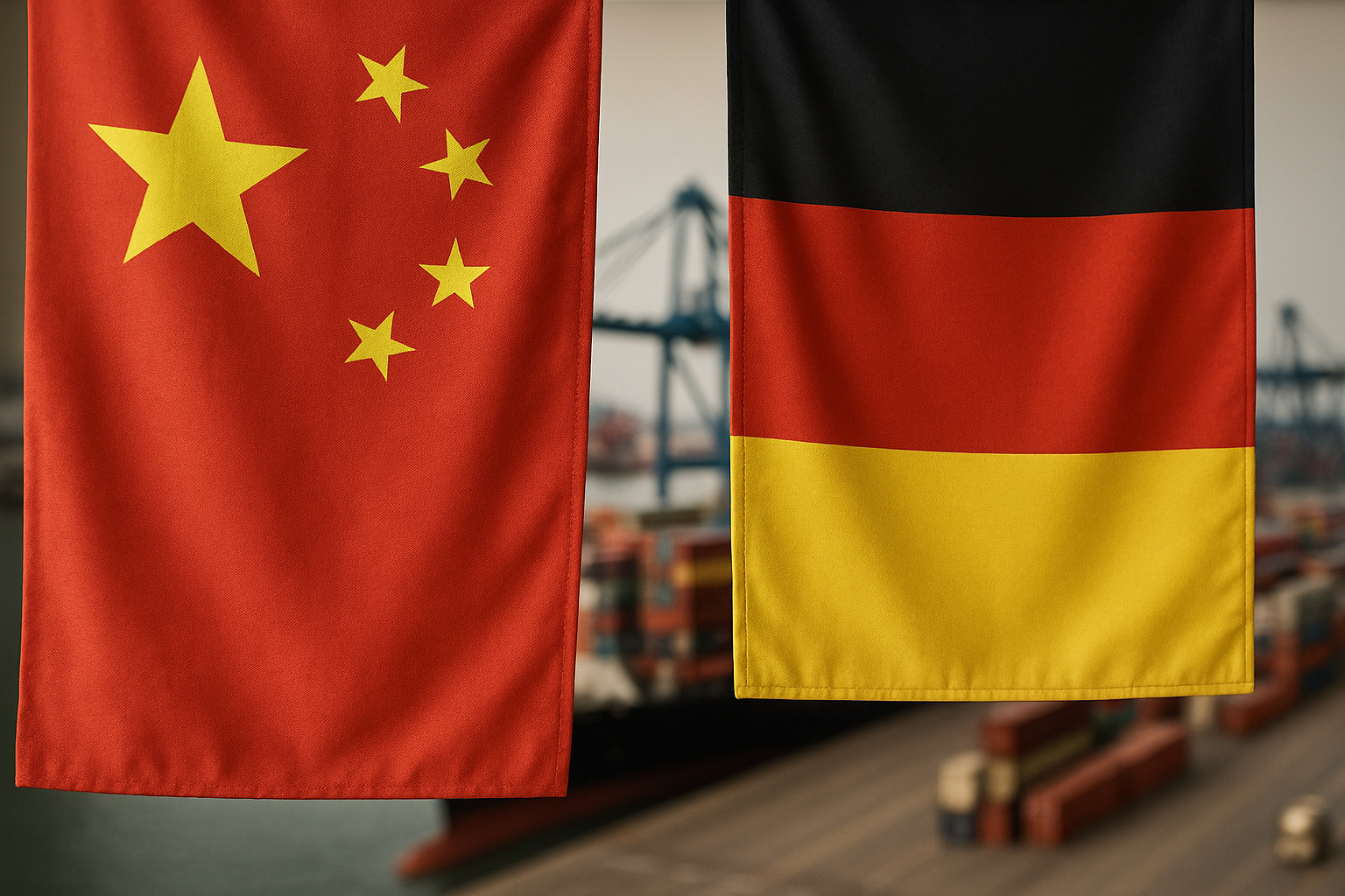 Bandeiras da China e da Alemanha lado a lado em porto europeu, simbolizando a retomada da parceria comercial entre os dois países em 2025.