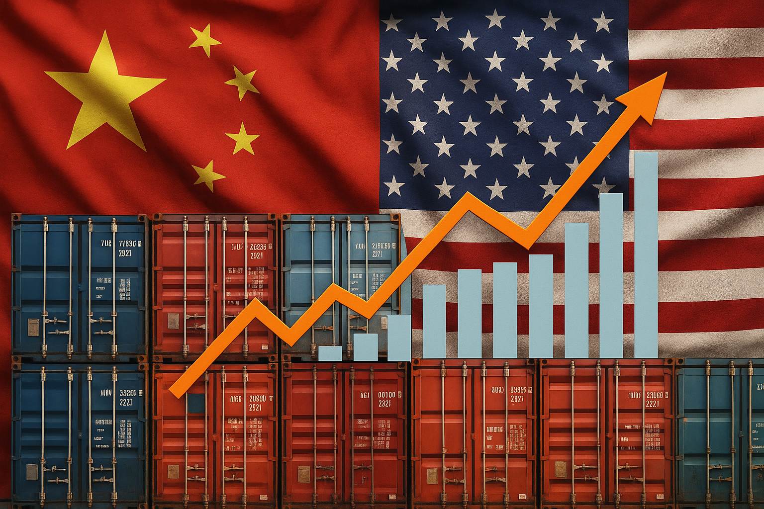 Contêineres e bandeiras da China e dos Estados Unidos representam o aumento das exportações chinesas em meio à guerra tarifária e novas tarifas impostas pelos EUA.