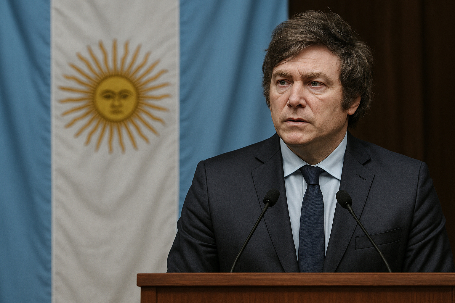 Presidente Javier Milei discursando diante da bandeira da Argentina após anunciar queda da pobreza e estabilização econômica em 2025.