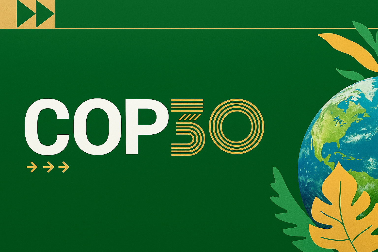 Logotipo da COP30 com ilustração realista do planeta Terra sobre fundo verde.