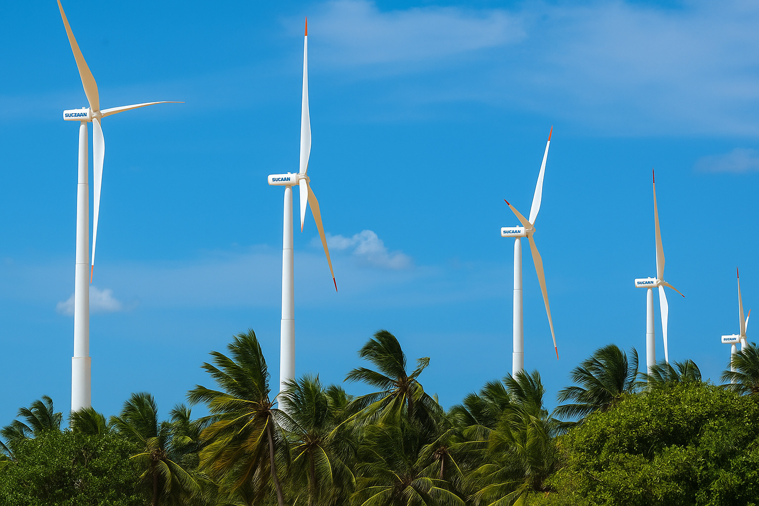 Parque eólico com turbinas de vento entre coqueiros sob um céu azul claro.