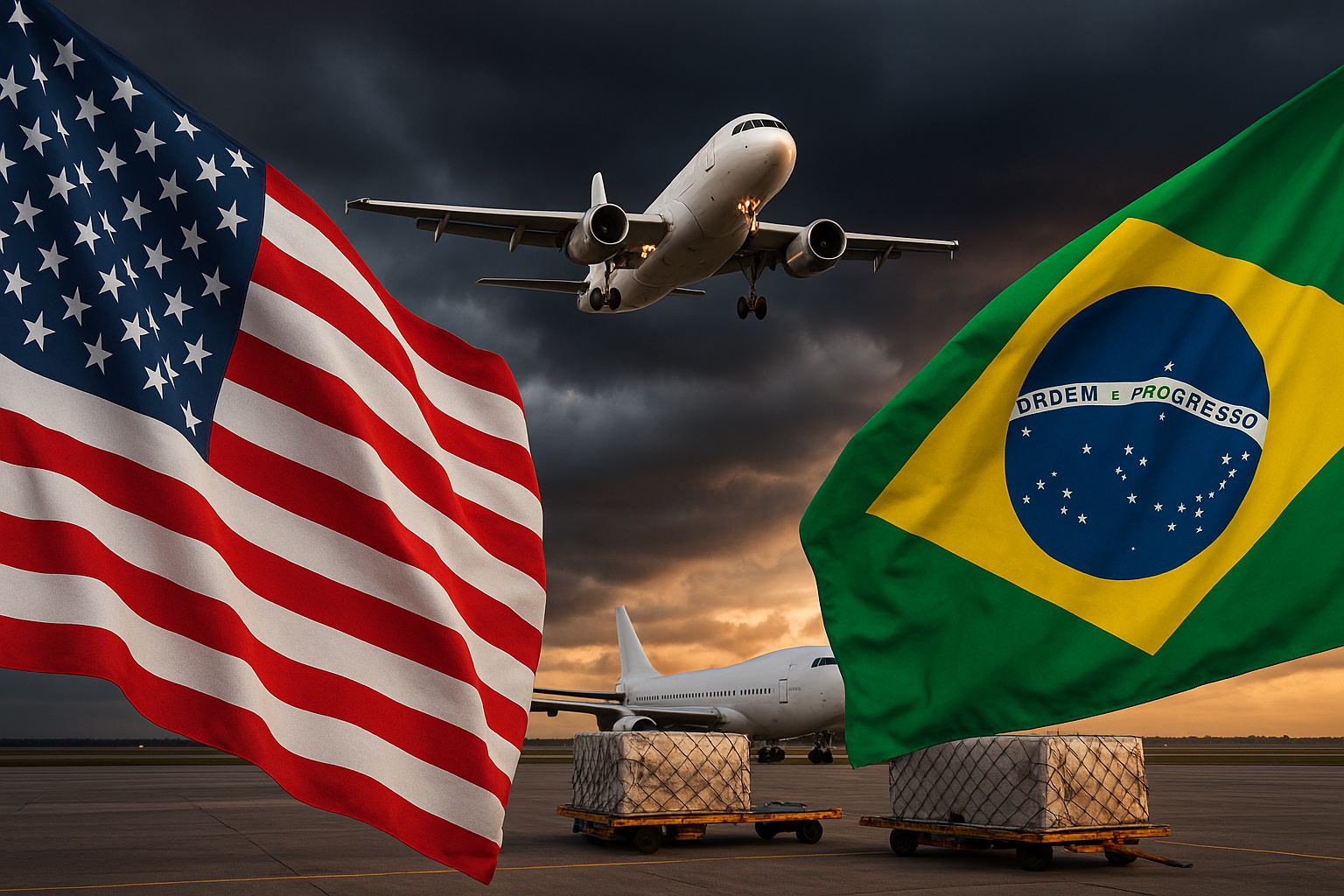 Avião sobre aeroporto com bandeiras dos EUA e Brasil representando impacto do shutdown na logística aérea