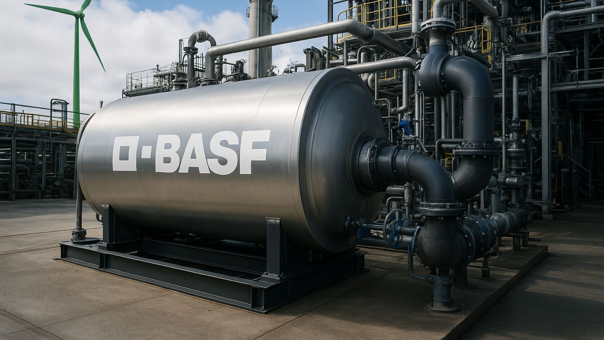 Instalação industrial da BASF com caldeira metálica conectada a tubulações, em ambiente fabril com turbina eólica ao fundo, representando investimento em energia limpa.