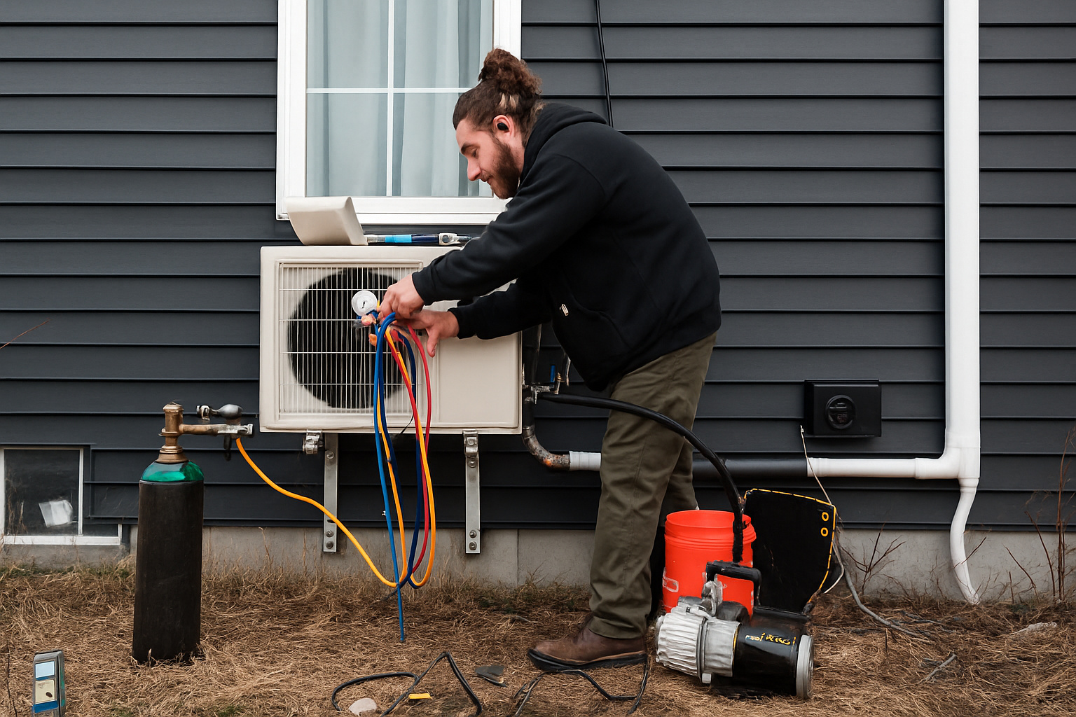 Técnico ajustando manômetros e mangueiras em unidade externa de ar-condicionado instalada em parede cinza escura.