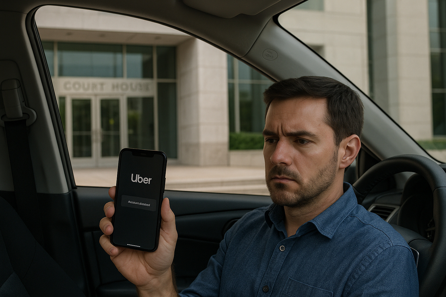 Motorista sentado dentro do carro observa o celular com o aplicativo da Uber bloqueado em frente a um fórum, simbolizando decisão judicial que manteve o bloqueio.