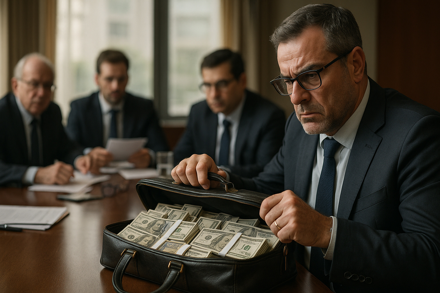 Homens de terno em reunião de gabinete analisam documentos e maleta com dinheiro, simbolizando o corte de renúncias fiscais e o impacto econômico após a queda da MP do IOF.