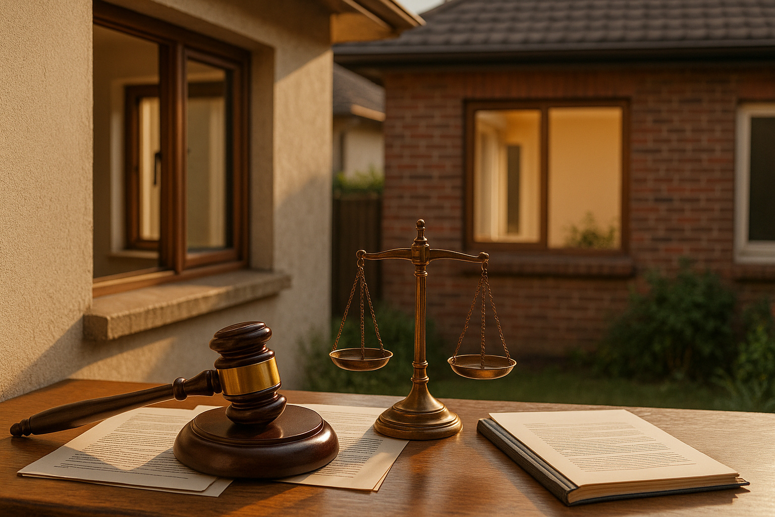 Imagem ilustrativa mostra martelo e balança da Justiça diante de casas vizinhas em Jacareí, simbolizando decisão judicial sobre janela irregular e invasão de privacidade.