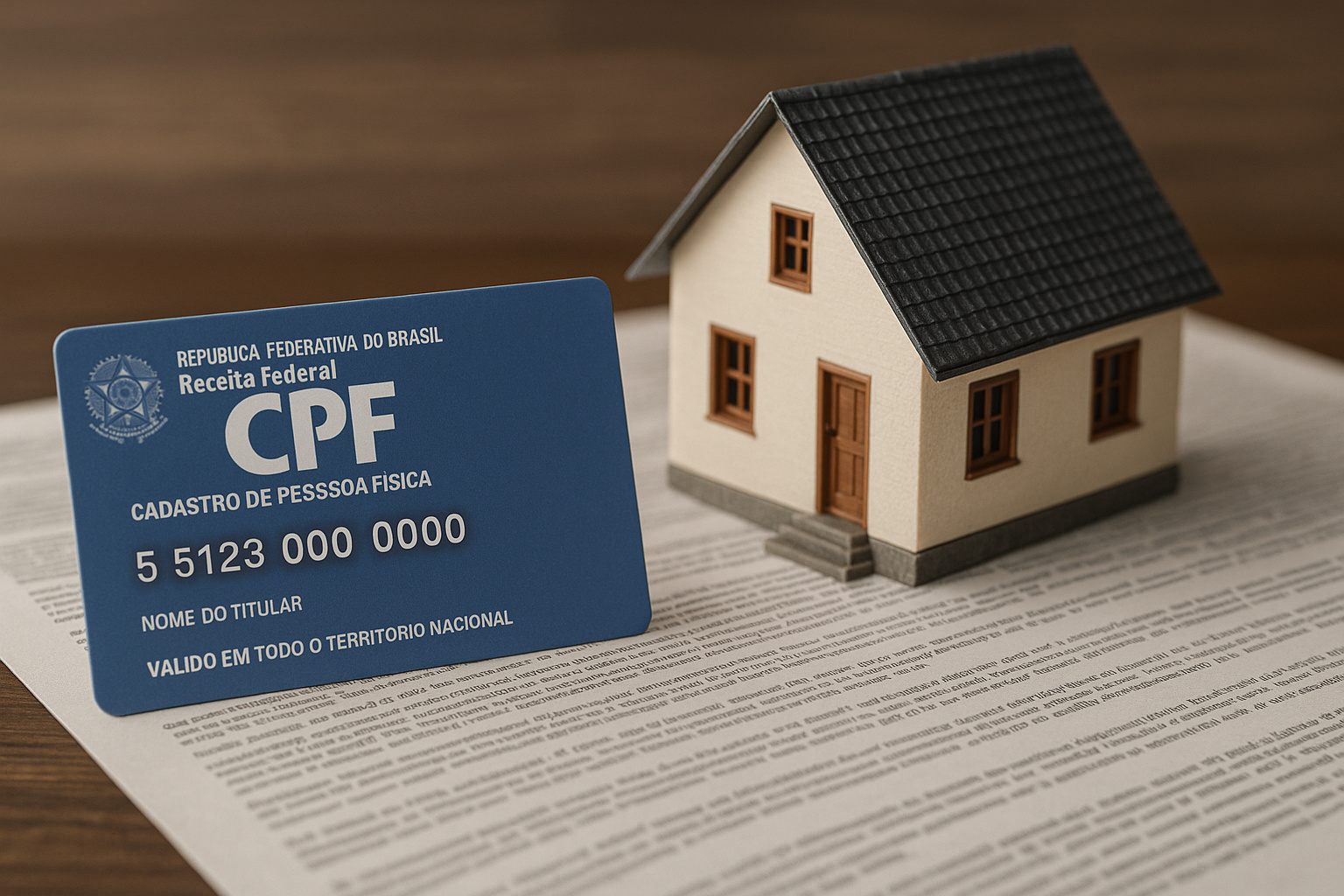 Modelo de casa sobre documentos e cartão da Receita Federal simbolizando o novo CPF dos imóveis e a fiscalização tributária no Brasil.