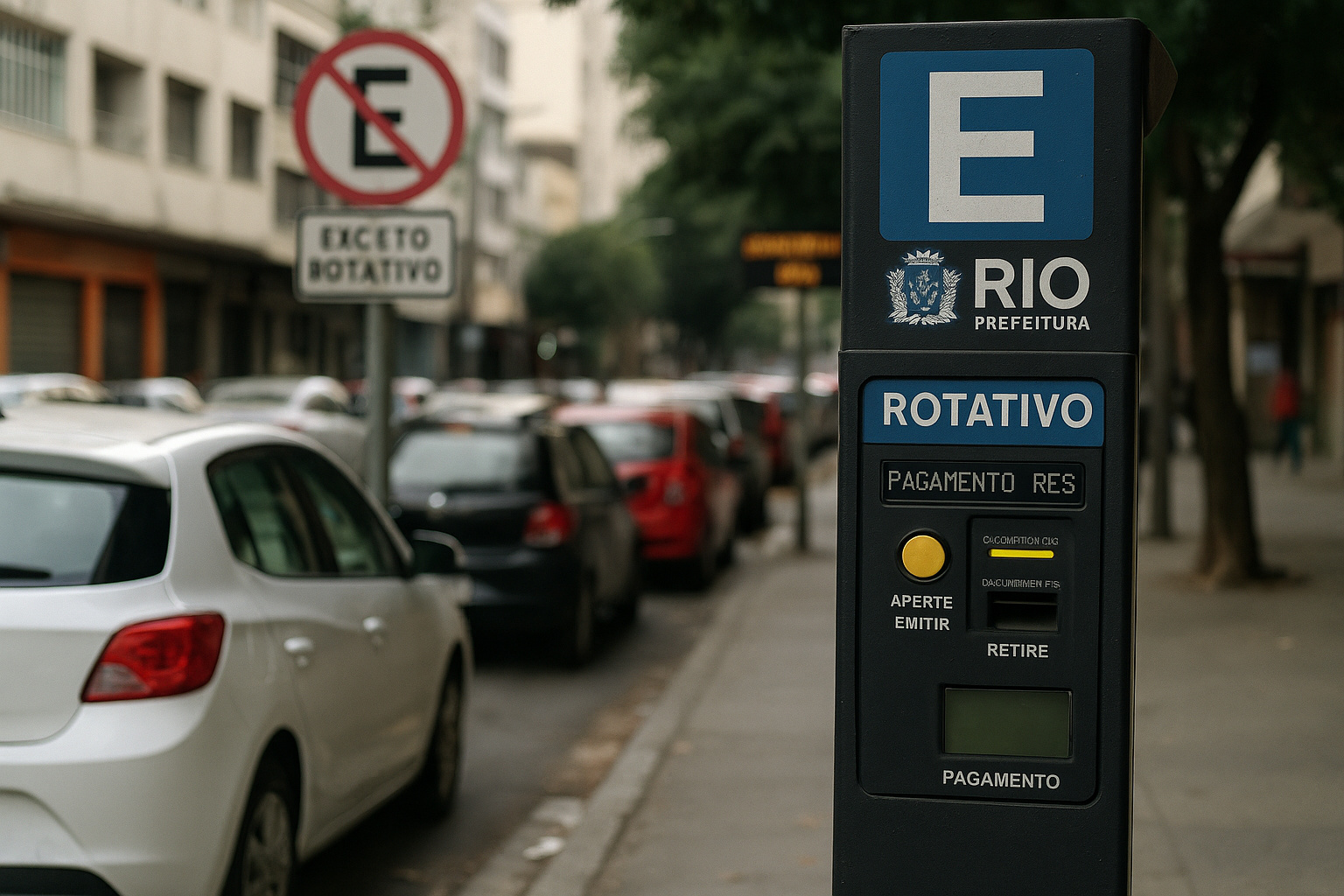 Parquímetro da Prefeitura do Rio de Janeiro em rua urbana com carros estacionados, simbolizando o novo sistema digital de estacionamento.
