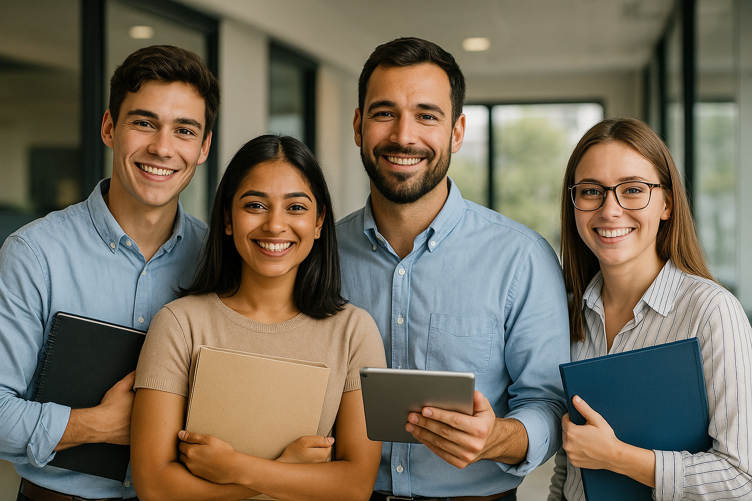 Jovens profissionais sorrindo em ambiente corporativo moderno durante o Programa de Estágio 2026 do Grupo FiscALL em Santa Catarina.