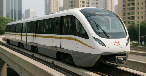 Monotrilho da BYD circulando em via elevada na Linha 17-Ouro, em São Paulo, simbolizando inovação no transporte urbano.