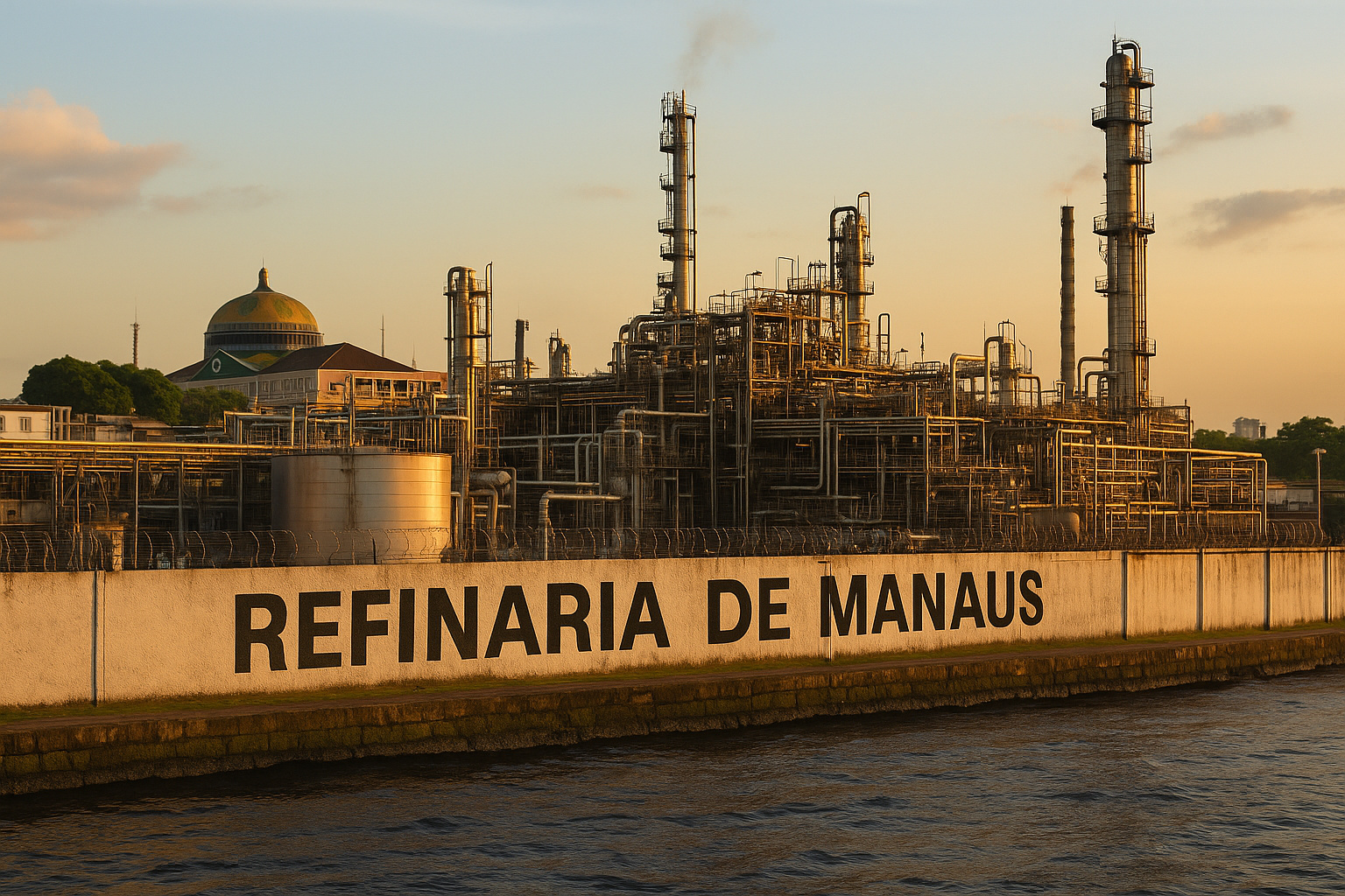 Refinaria de Manaus desativada ao entardecer, com tanques e dutos industriais à beira do Rio Negro, simbolizando a paralisação do refino no Norte.
