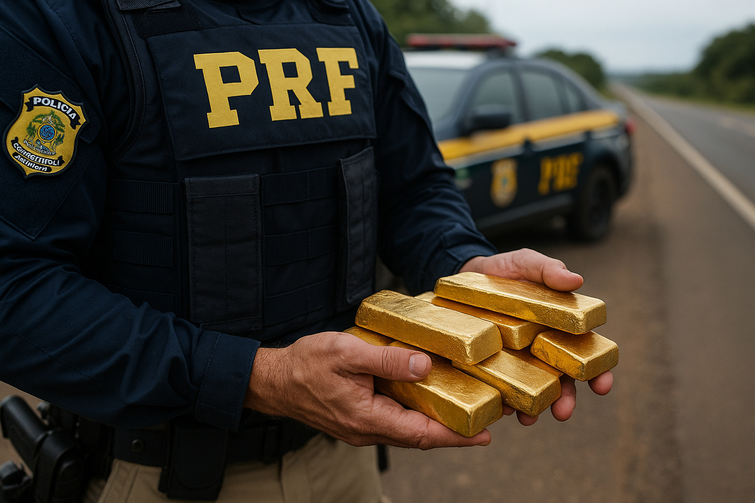 Policiais da PRF exibem barras de ouro apreendidas em operação na BR-174, em Roraima, durante ação contra o garimpo ilegal na Terra Yanomami.