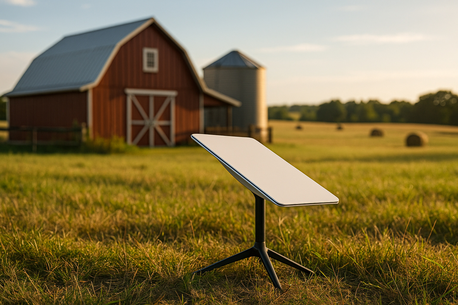 Antena Starlink Mini instalada em fazenda brasileira, sob céu azul e luz de fim de tarde, simbolizando conectividade rural e avanço tecnológico no campo.