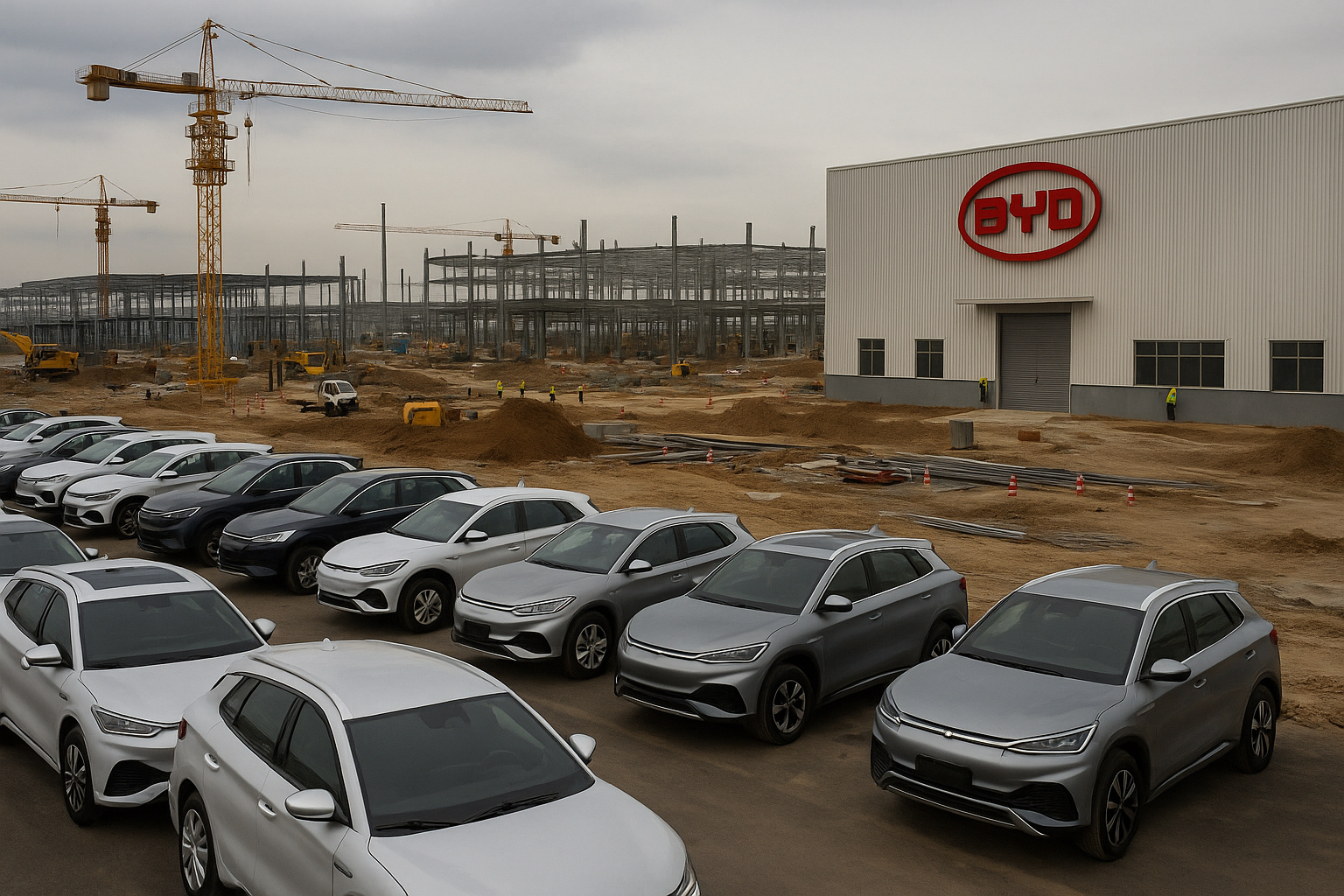 Fábrica da BYD em Camaçari com carros elétricos estacionados e obras em andamento no pátio industrial.