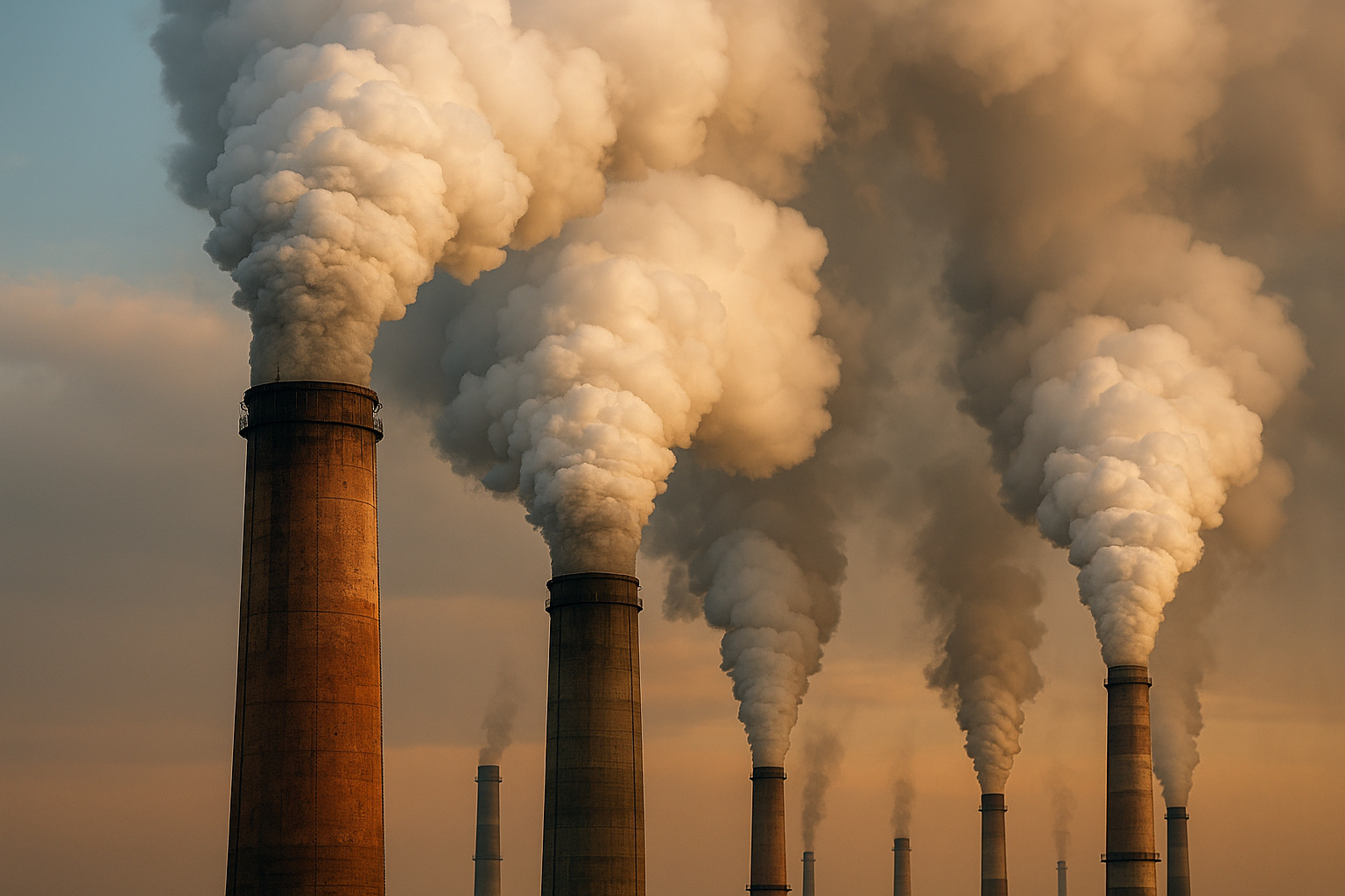 Chaminés industriais liberando fumaça densa sob um céu alaranjado, simbolizando o recorde global de CO₂ e a crise climática destacada pela ONU em 2024.