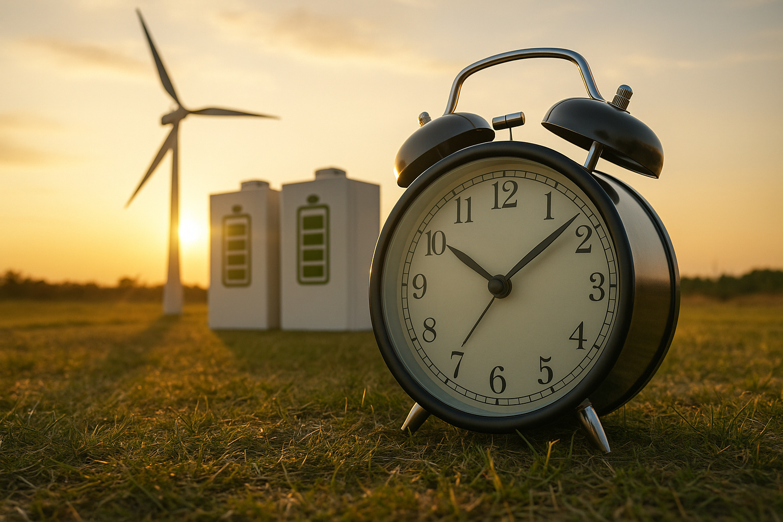 Relógio ao pôr do sol com baterias e turbina eólica simbolizando o fim do horário de verão e o avanço da energia limpa no Brasil.
