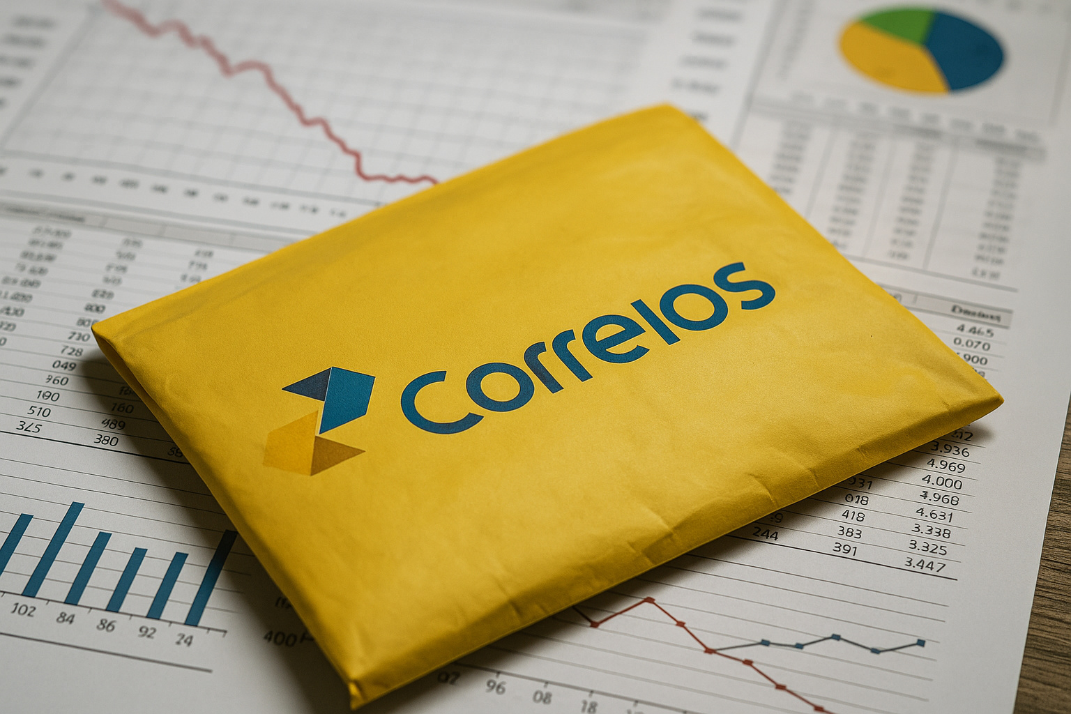 Envelope amarelo dos Correios sobre gráficos financeiros, simbolizando gastos e patrocínios da estatal durante o governo Lula.