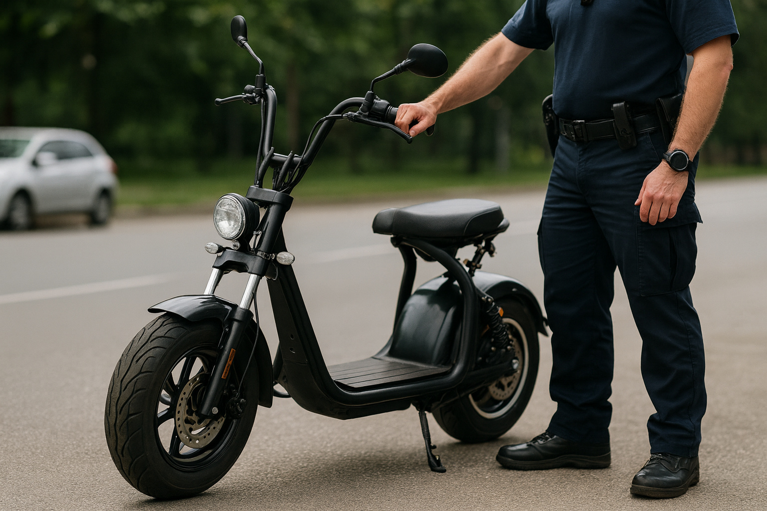 Agente de trânsito fiscaliza ciclomotor elétrico preto durante operação de regularização nas ruas do Brasil.
