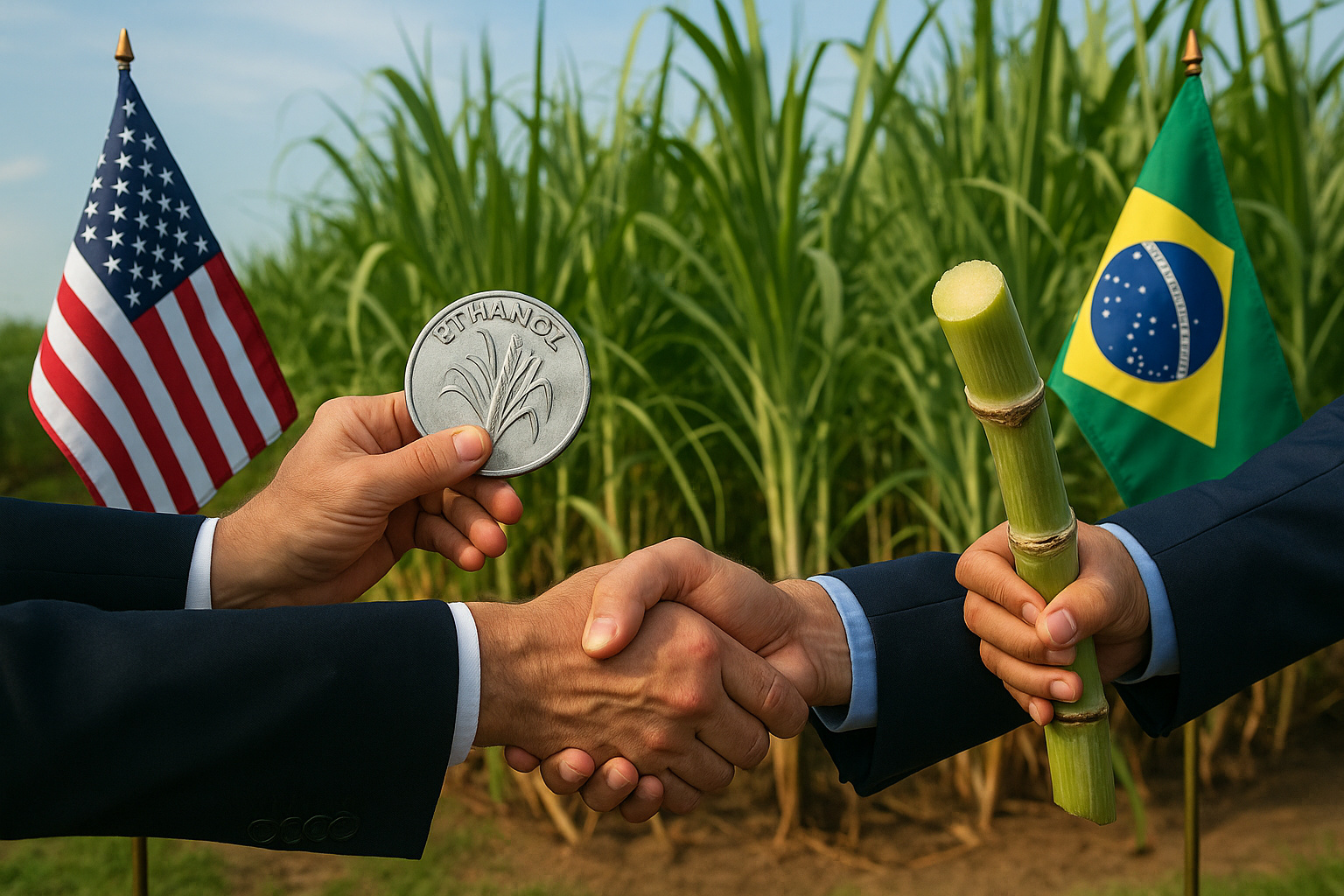 Cena ultra realista mostra cana-de-açúcar e etanol simbolizando negociações comerciais entre Brasil e Estados Unidos, destacando o combustível como ativo de soberania nacional.