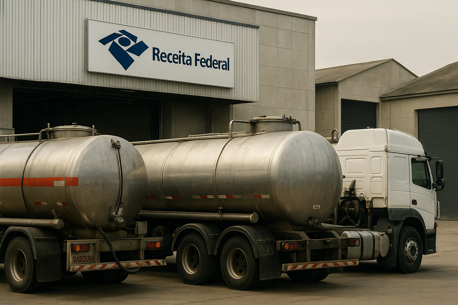 Caminhões-tanque estacionados em frente à Receita Federal simbolizam o destino seguro de combustíveis apreendidos após acordo com o Instituto Combustível Legal.