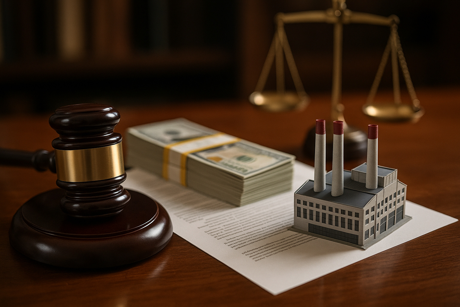 Mesa com martelo da Justiça, maquete de indústria e balança dourada, simbolizando decisão do STF sobre falência e recuperação judicial de estatais.