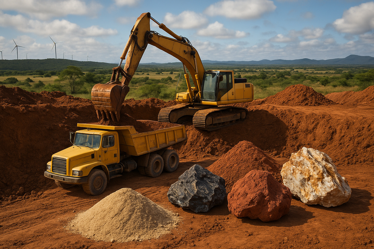 Mineração sustentável no Brasil com escavadeira e caminhão atuando em solo rico em titânio e terras raras na Bahia, Paraíba e Rio Grande do Sul.
