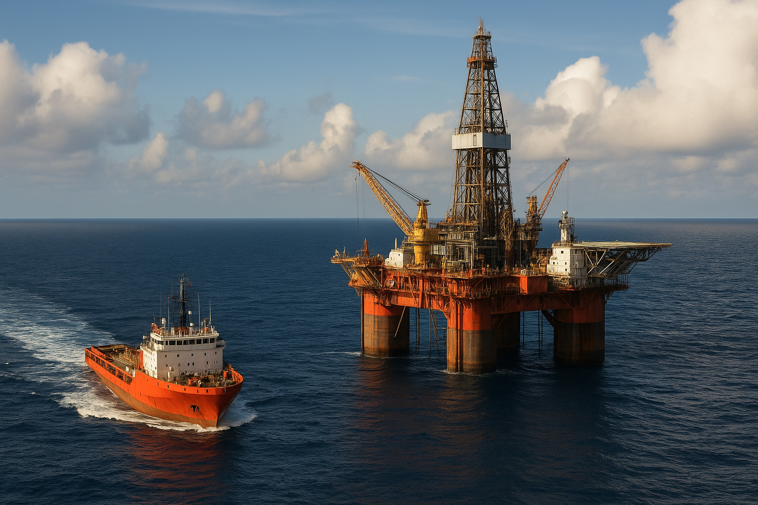 Plataforma de petróleo em alto-mar acompanhada de navio de apoio, representando exploração além das 200 milhas náuticas no pré-sal brasileiro.