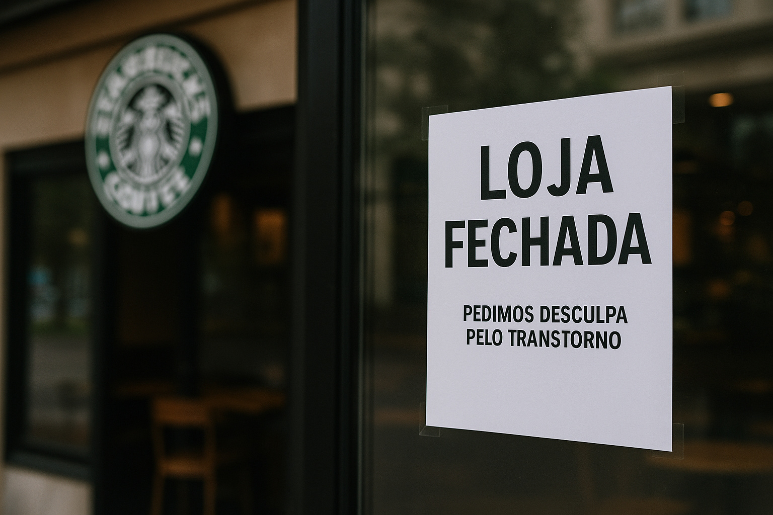 Interior de cafeteria Starbucks fechada com aviso em português informando encerramento das atividades.