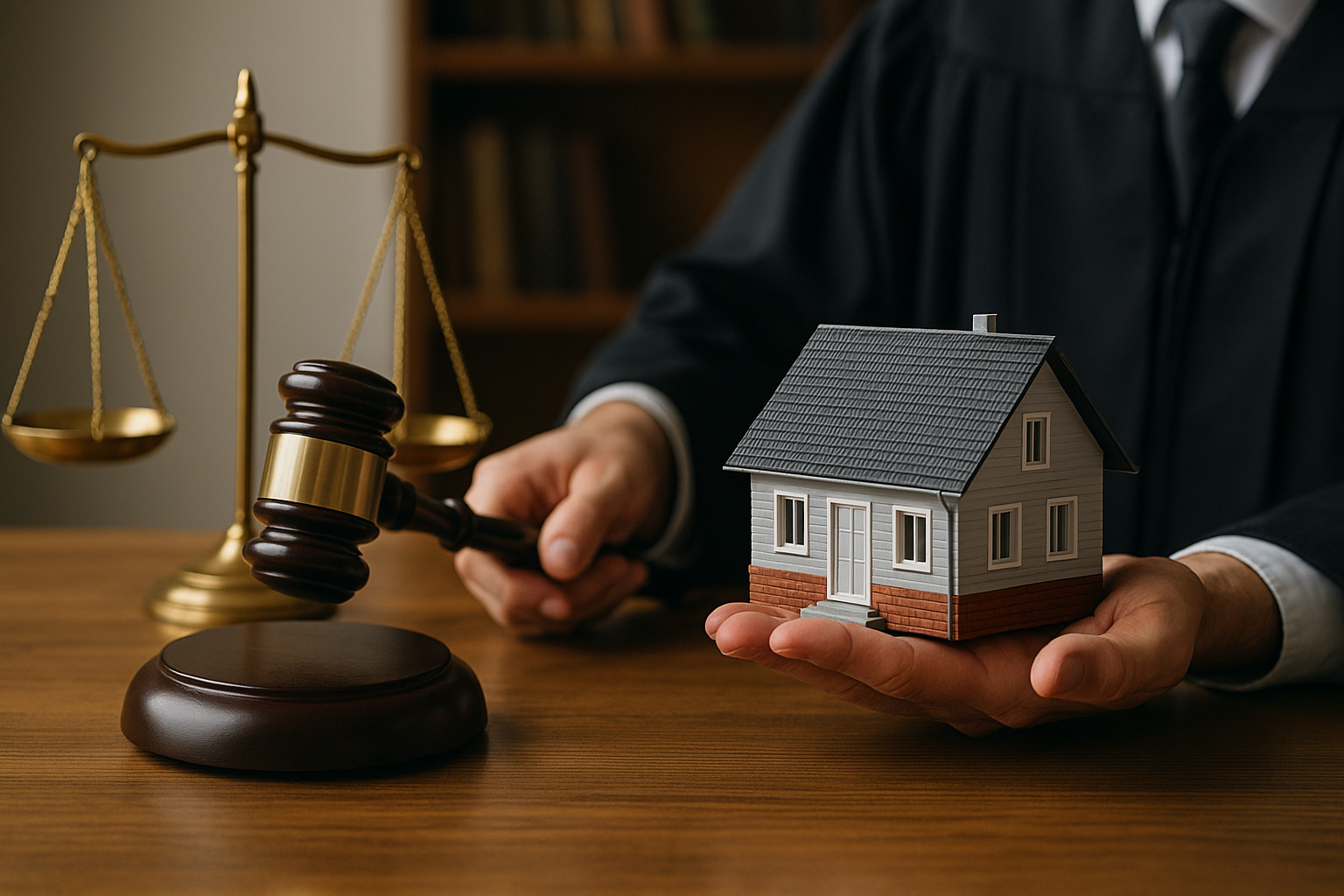 Juiz segurando uma miniatura de casa ao lado de um martelo e uma balança, simbolizando decisão judicial do STJ sobre direito de habitação e dignidade humana.