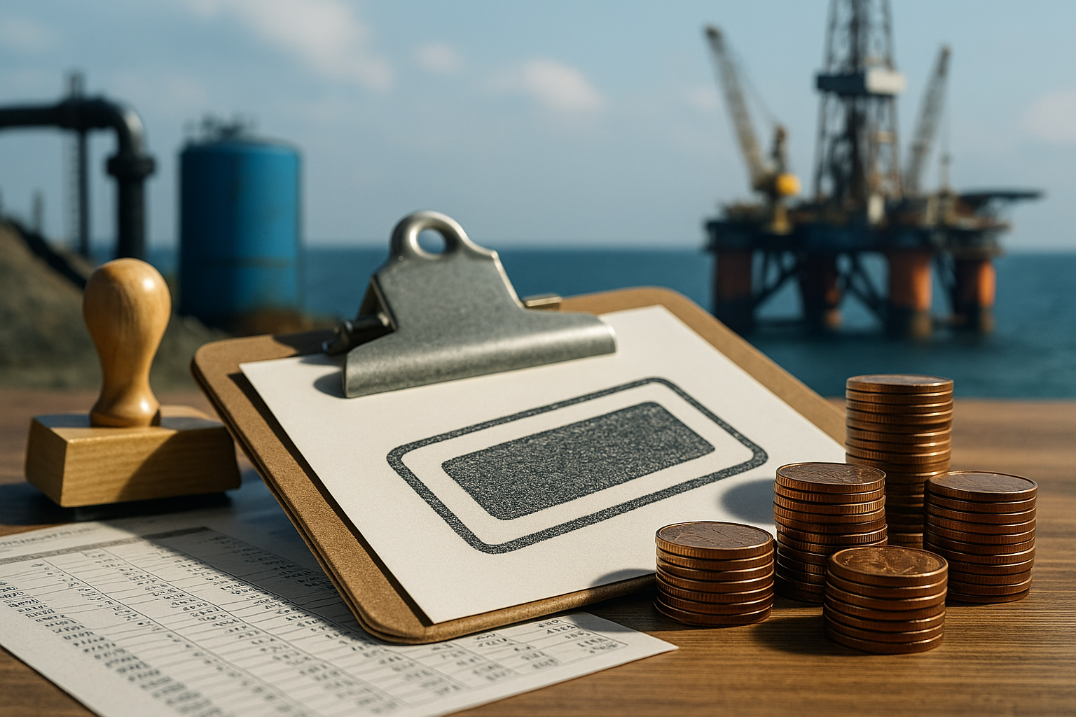 Cena ultra realista de uma plataforma de petróleo no mar brasileiro com pilhas de moedas douradas e documentos fiscais sobre uma mesa, representando o impacto da Reforma Tributária no setor de óleo e gás.