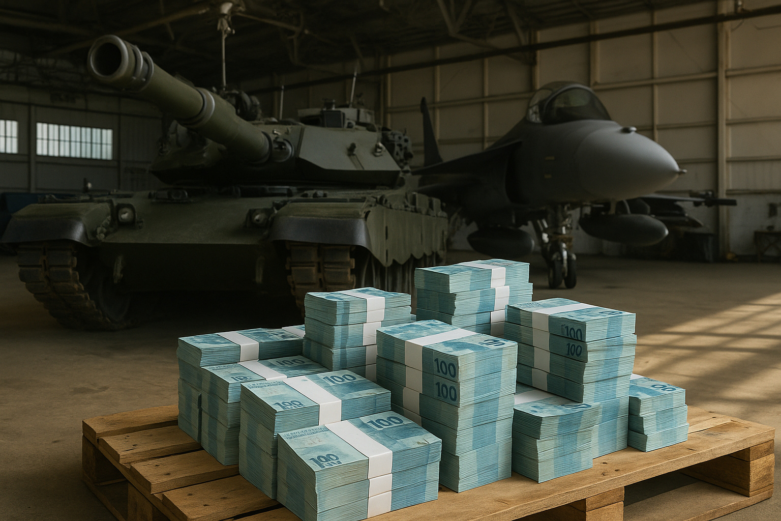 Tanque e caça militar em hangar com pilhas de notas de 100 reais simbolizando os R$ 30 bilhões destinados à Defesa Nacional pelo Senado.